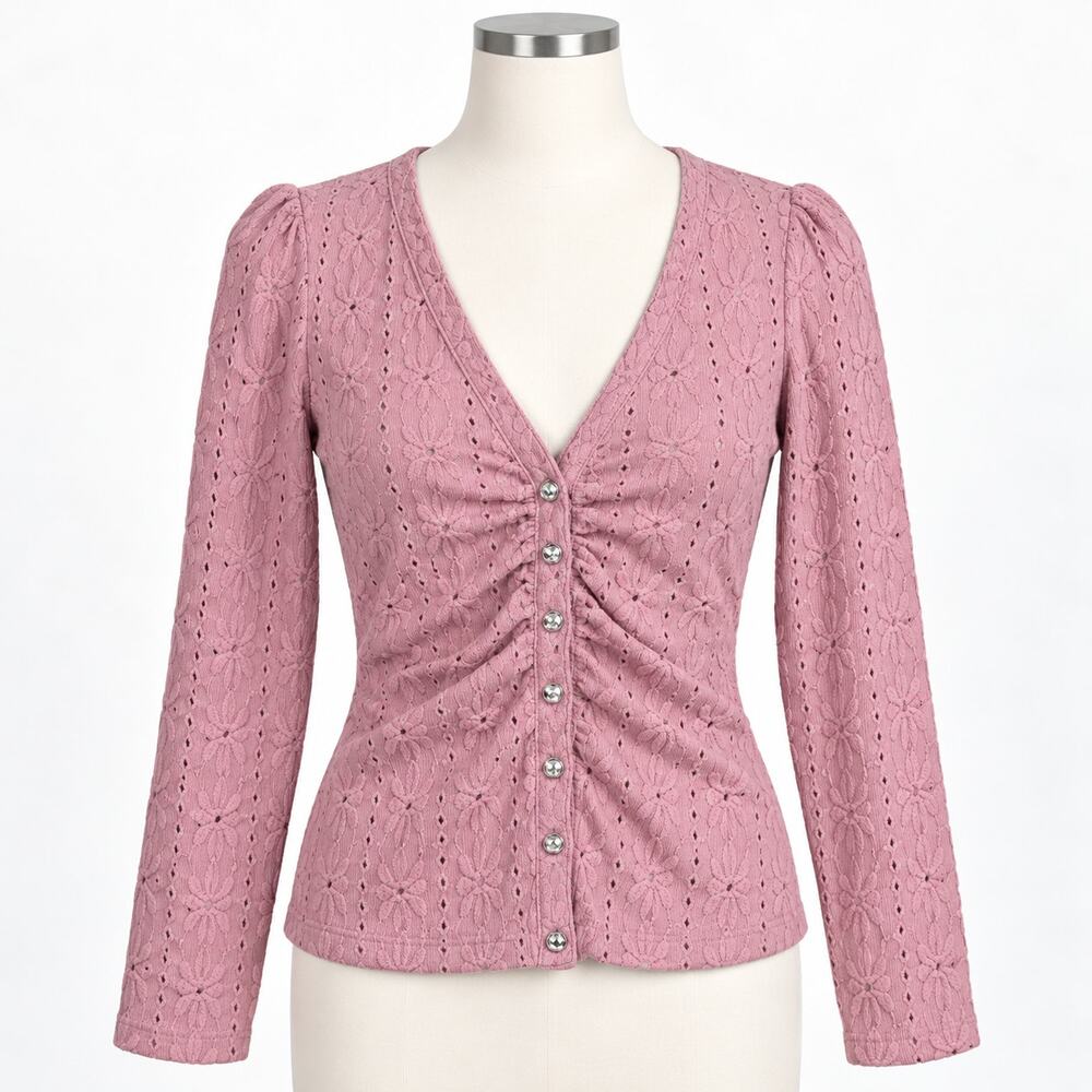 Maeve Anthropologie Pink Eyelet Ruched Cardigan Women's Small S